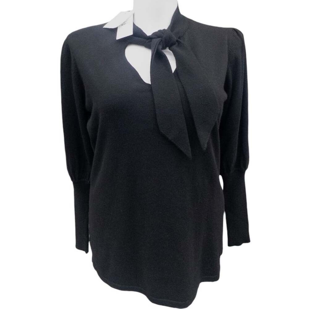 City Chic Black Tie Neck Balloon Sleeve V Neck Sweater Women's Size 16 Small